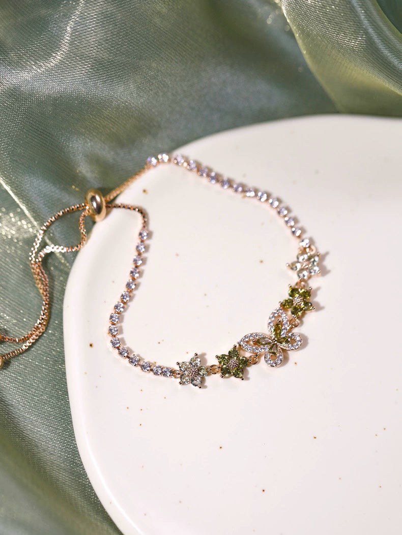Original Olive Green Zircon Bracelet – Vintage Inspired Dainty Micro-Pave Jewelry, Unique Minimalist Design