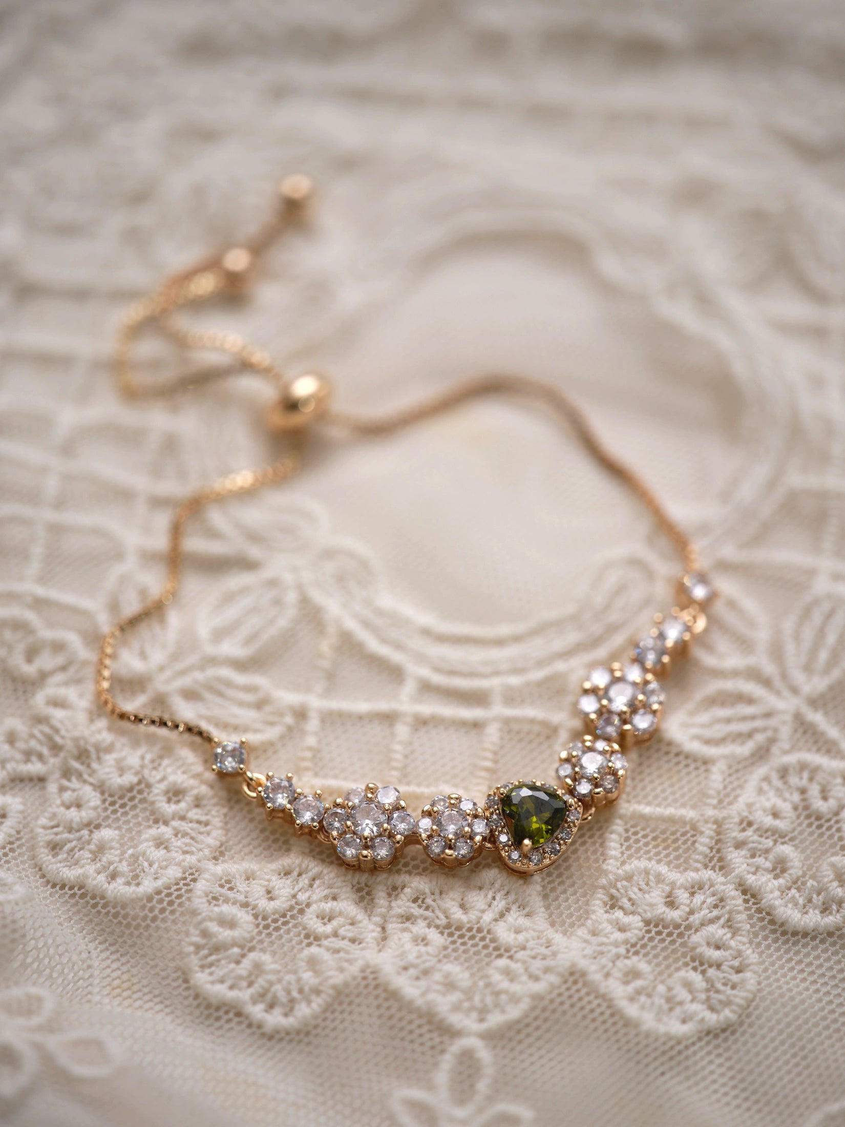 Original Olive Green Zircon Bracelet – Vintage Inspired Dainty Micro-Pave Jewelry, Unique Minimalist Design