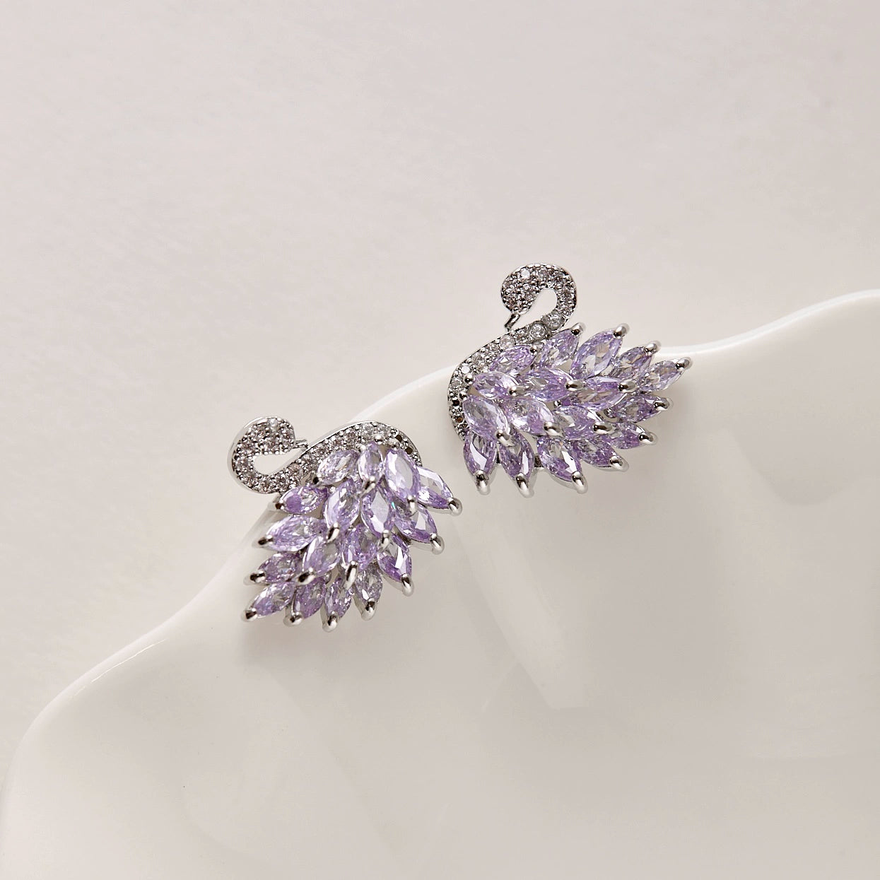 Midsummer Night’s Dream Collection – Vintage Swan Jewelry with Sparkling Purple Zircon (Stud Earrings, Ear Cuff, Necklace, Bracelet)