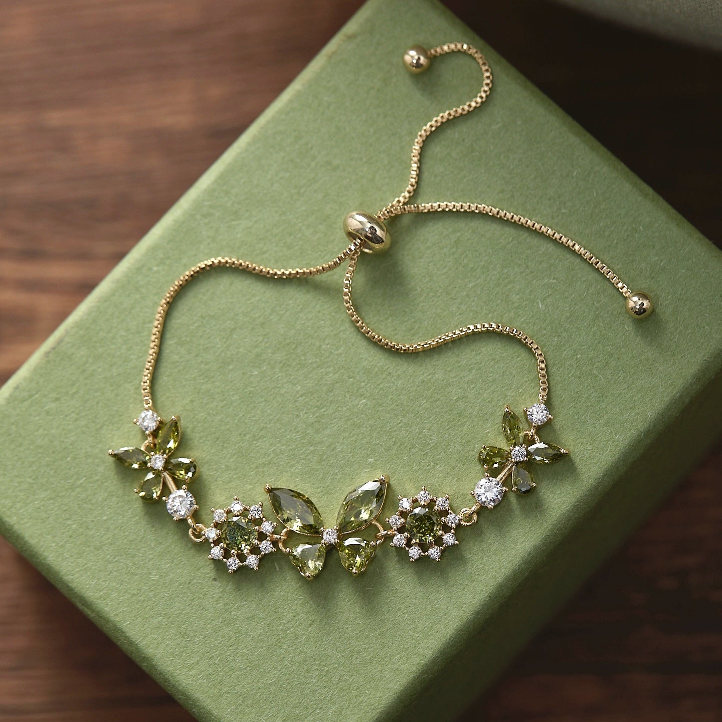 Misty Forest Olive Green Butterfly Zircon Jewelry Set – Earrings, Ear Cuffs, Bracelet & Necklace, Vintage-Inspired Sparkling Design