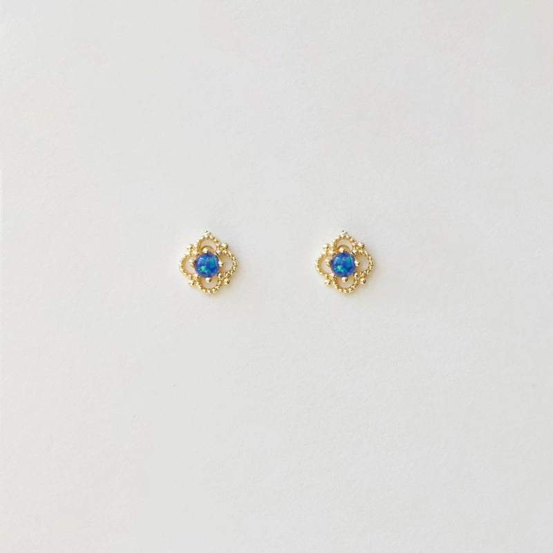 Ultra-Mini Blue Stone Lace Flower Stud Earrings
