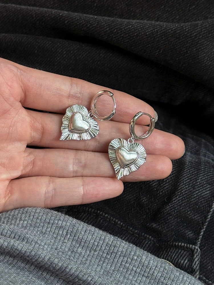 S925 Sterling Silver Textured 3D Heart Earrings
