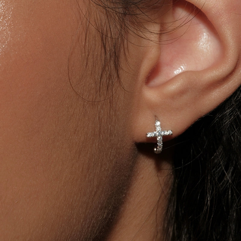S925 Sterling Silver Sparkling Mini Cross Hoop Earrings