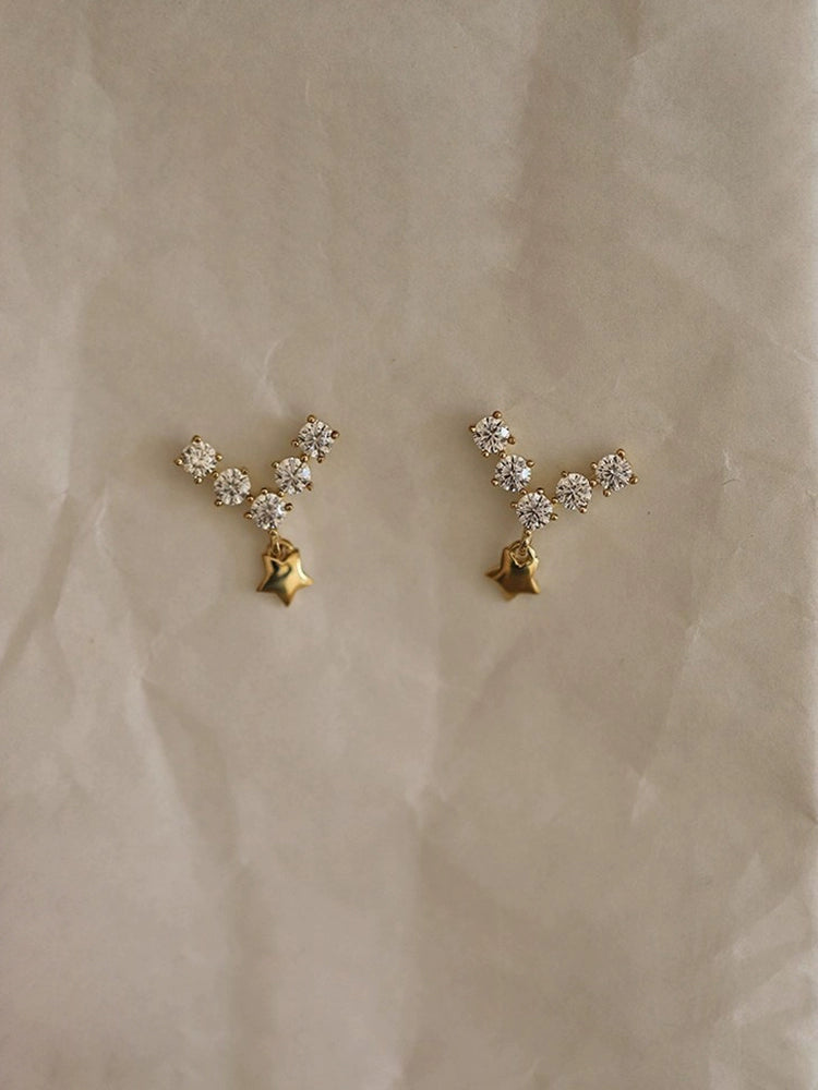 S925 Sterling Silver Mini V-Shaped Cubic Zirconia Star Drop Stud Earrings