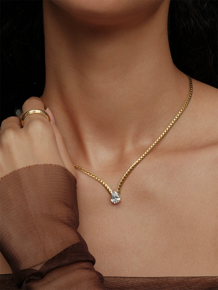 Trendy Snake Chain Necklace with Teardrop Cubic Zirconia