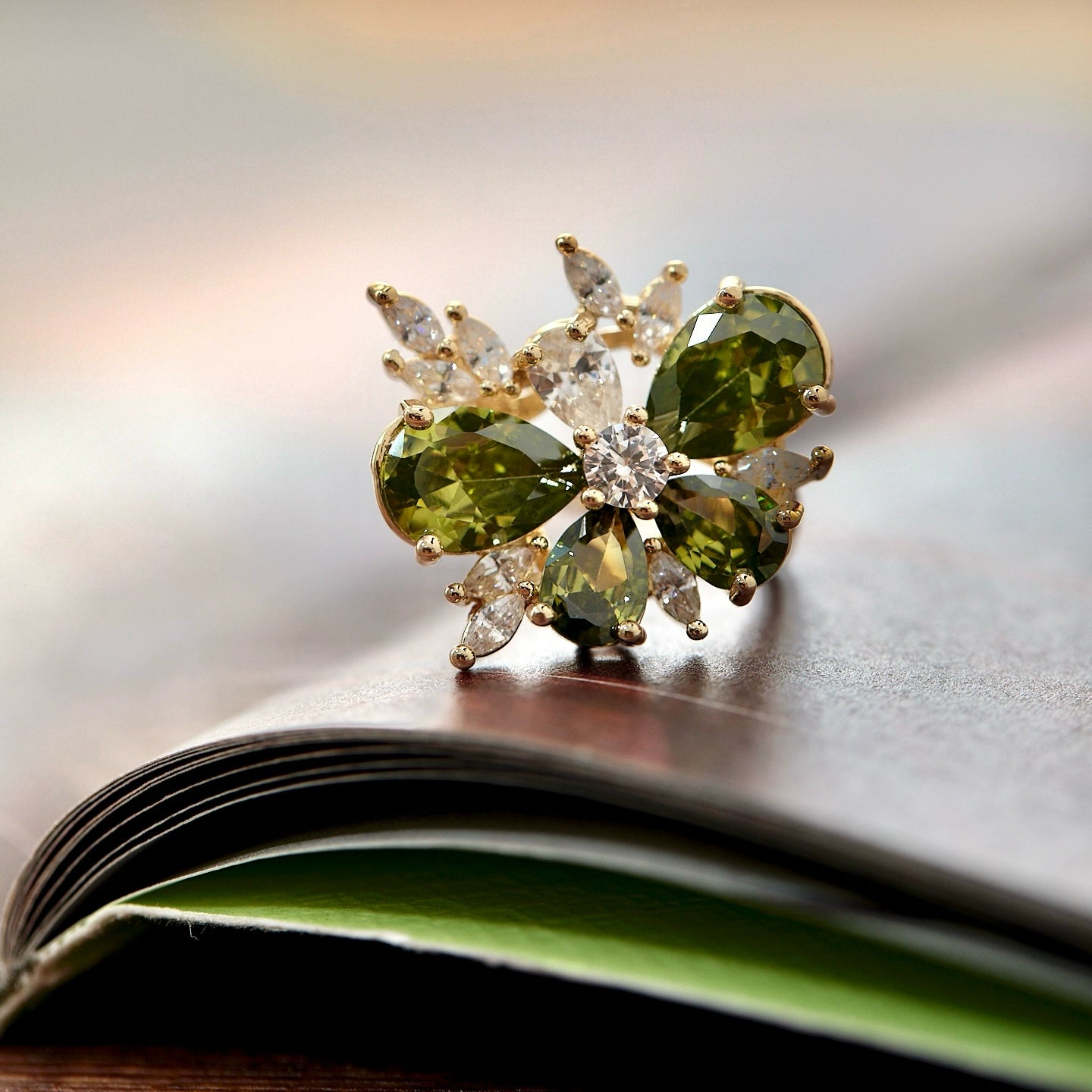 Misty Forest Olive Green Zircon Jewelry Set – Earrings, Ear Cuffs, Bracelet & Necklace, Vintage Forest-Inspired Design