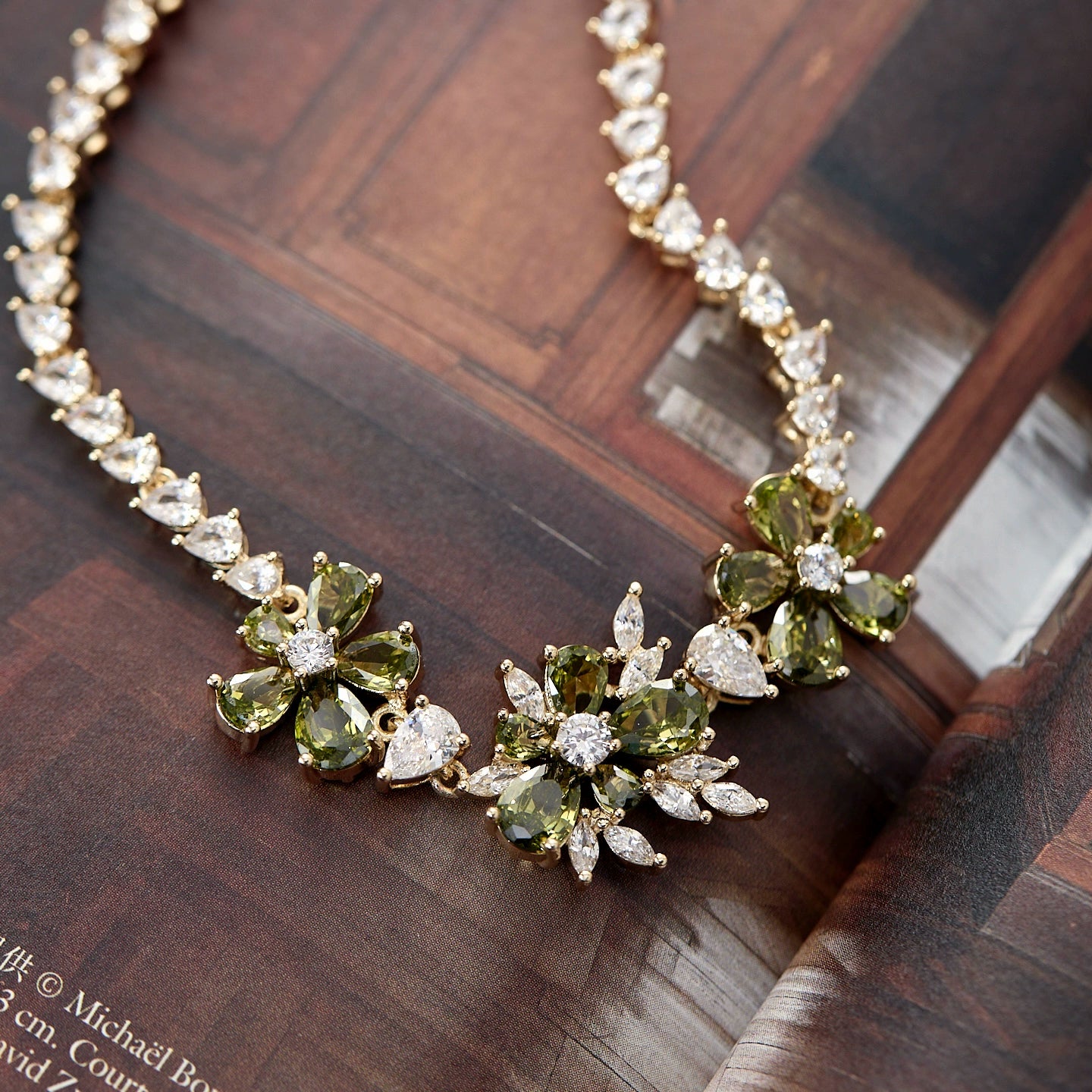 Misty Forest Olive Green Zircon Jewelry Set – Earrings, Ear Cuffs, Bracelet & Necklace, Vintage Forest-Inspired Design