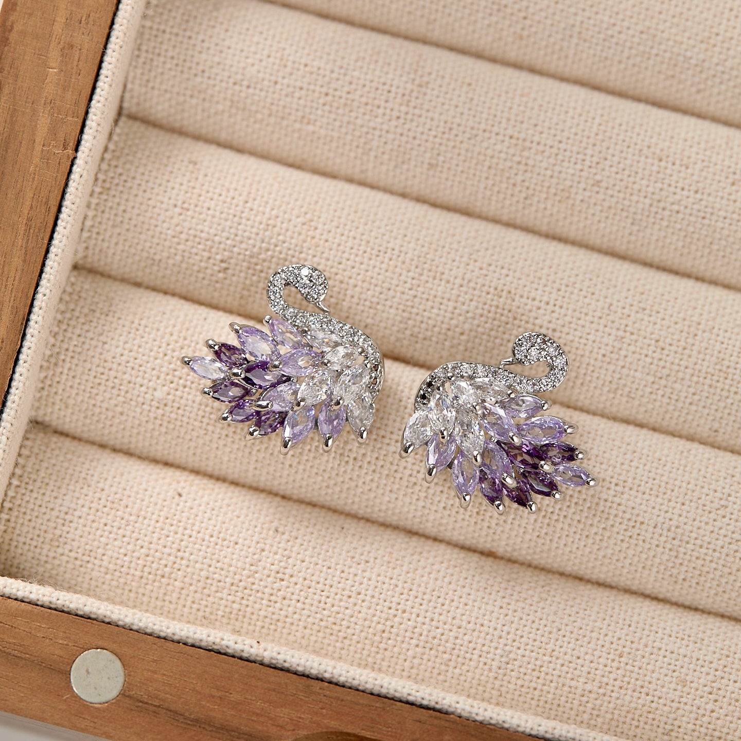 Midsummer Night’s Dream Collection – Vintage Swan Jewelry with Sparkling Purple Zircon (Stud Earrings, Ear Cuff, Necklace, Bracelet)