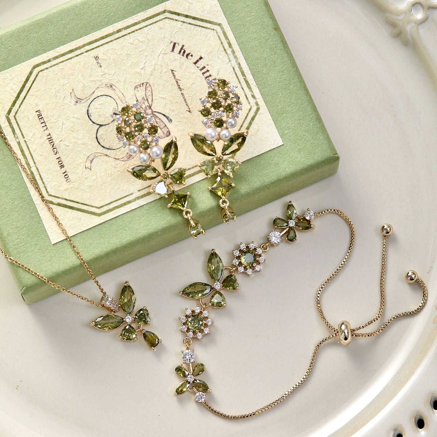 Misty Forest Olive Green Butterfly Zircon Jewelry Set – Earrings, Ear Cuffs, Bracelet & Necklace, Vintage-Inspired Sparkling Design