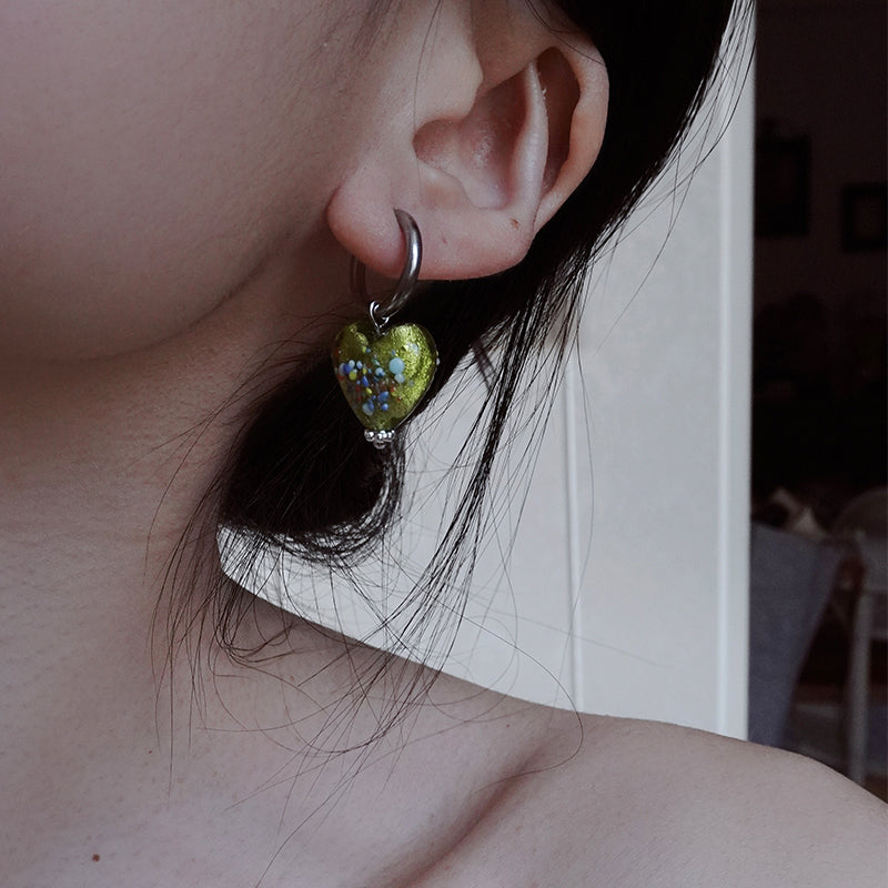 Handmade Glaze Heart Hoop Earrings Green