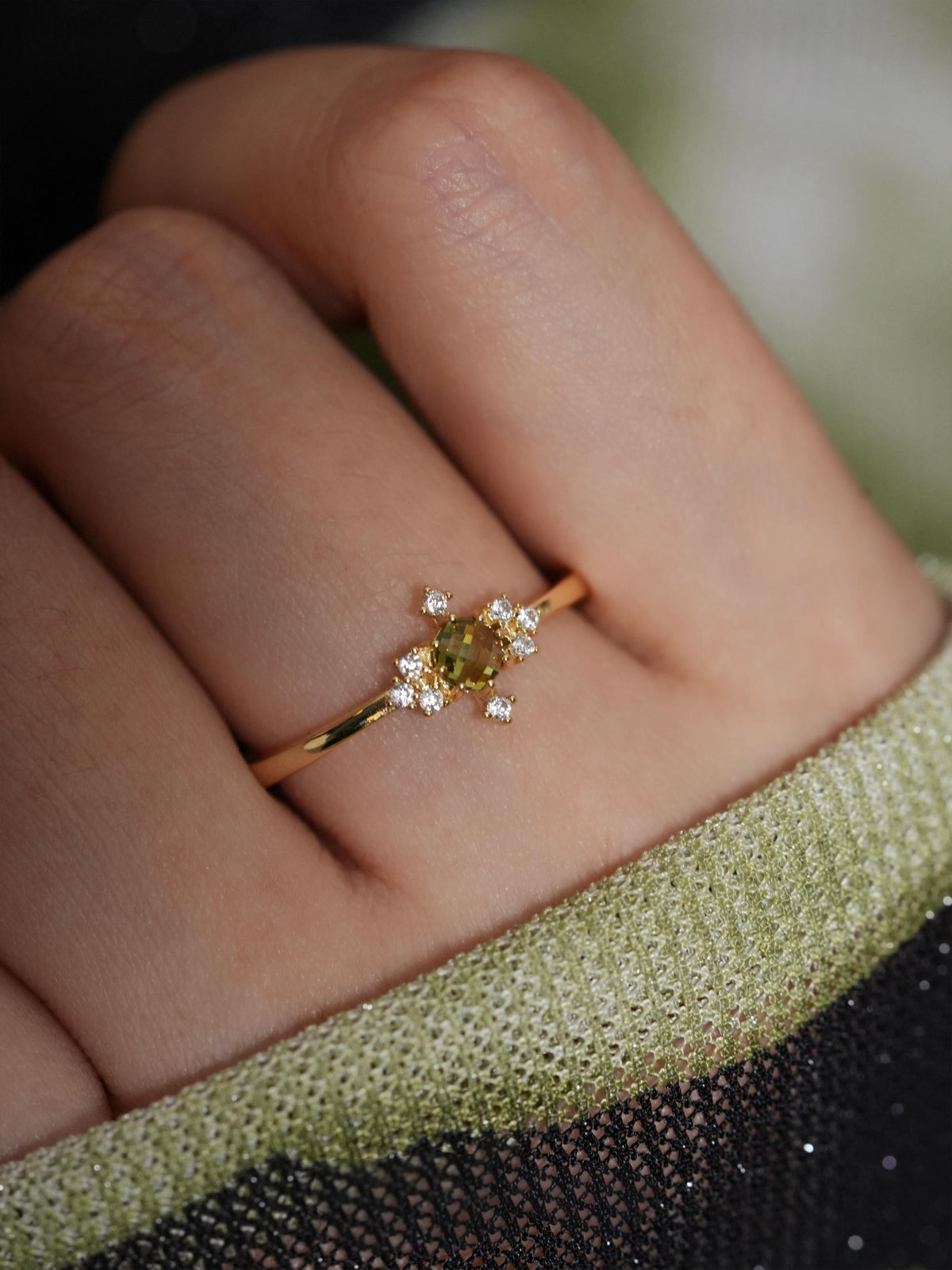 Waltz of the Rhine Olive Green Crystal Open Ring