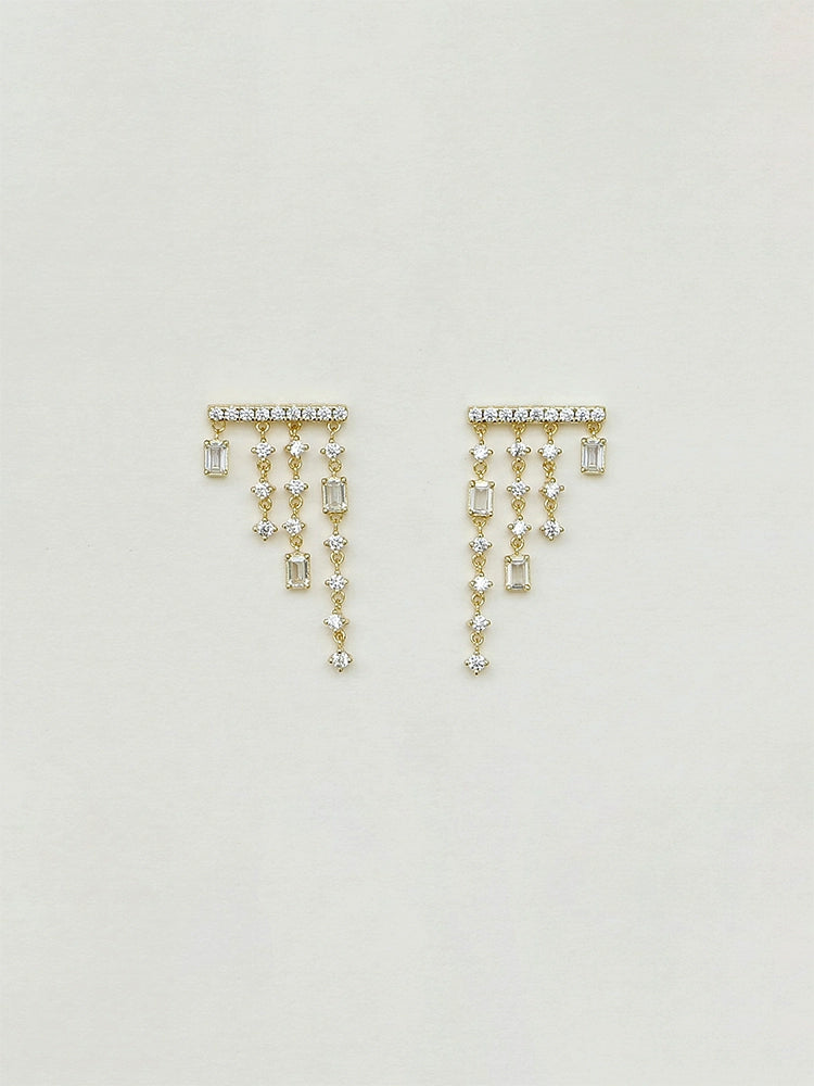 S925 Sterling Silver French Mini Chandelier Tassel Earrings Rainfall Square-Cut Design