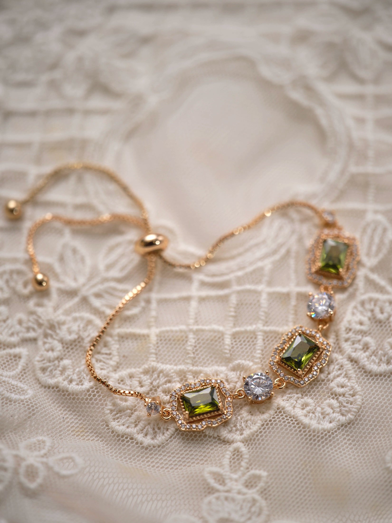 Original Olive Green Zircon Bracelet – Vintage Inspired Dainty Micro-Pave Jewelry, Unique Minimalist Design