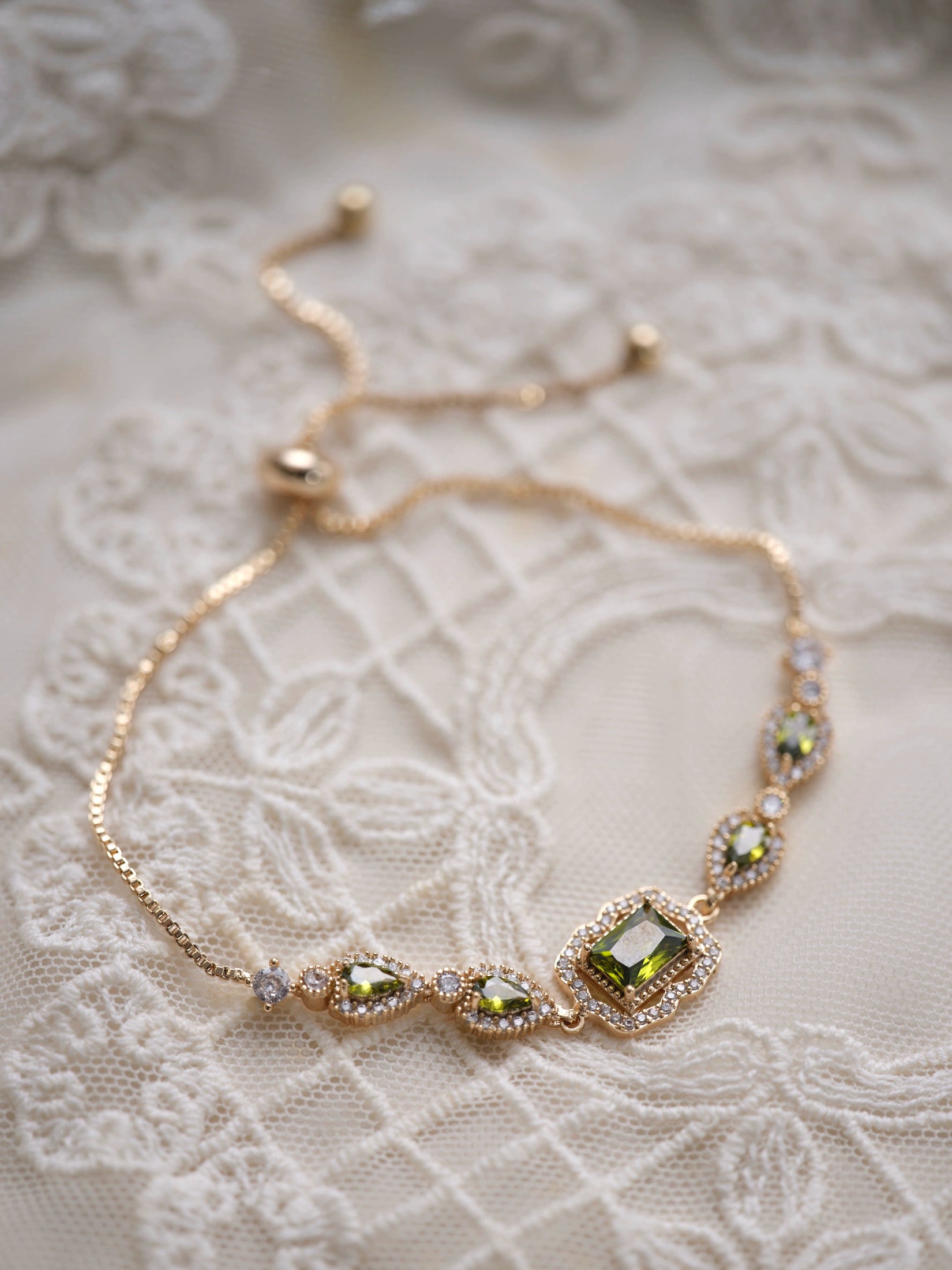 Original Olive Green Zircon Bracelet – Vintage Inspired Dainty Micro-Pave Jewelry, Unique Minimalist Design