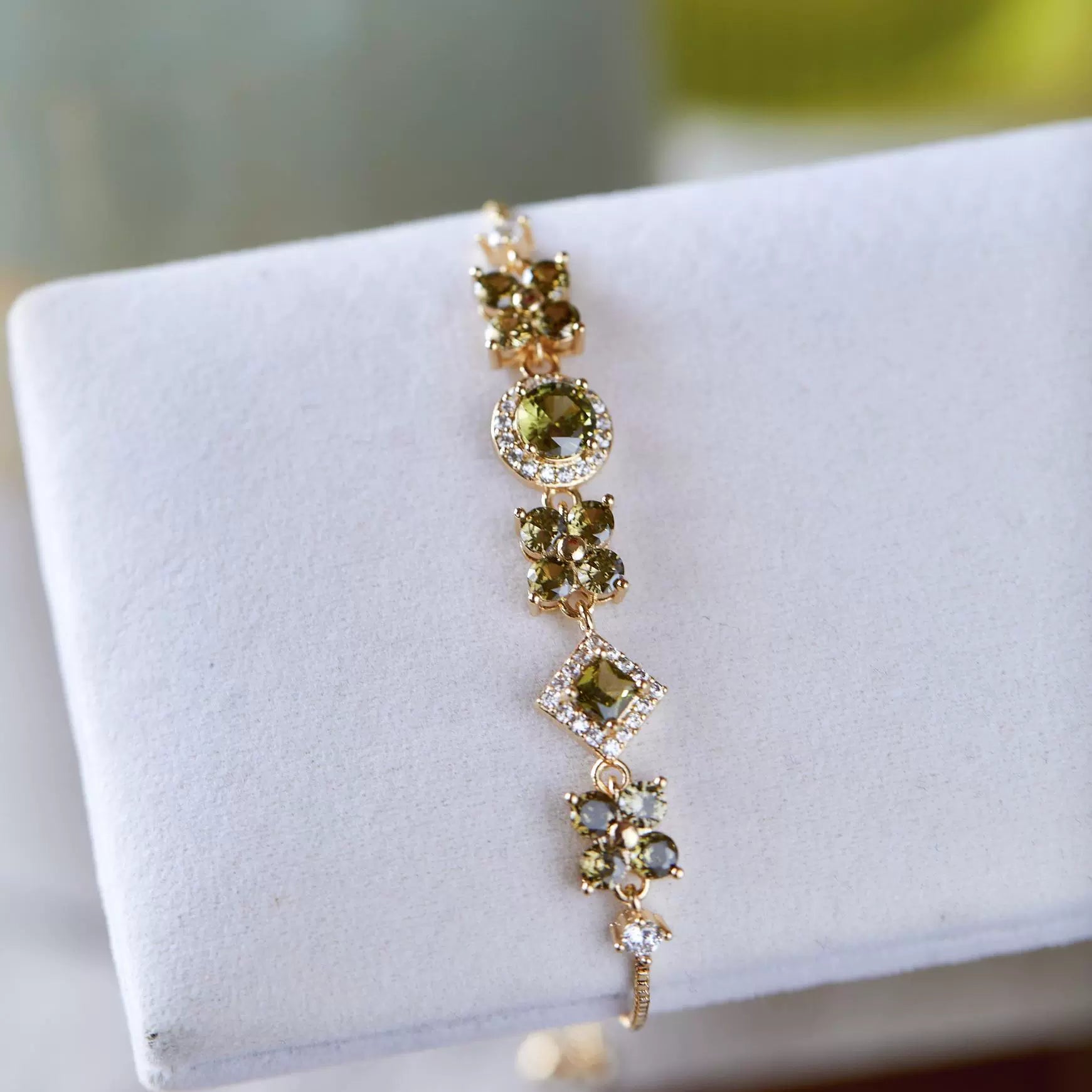 Misty Forest Olive Green Zircon Butterfly Bracelet – Unique Designer Sparkling Jewelry