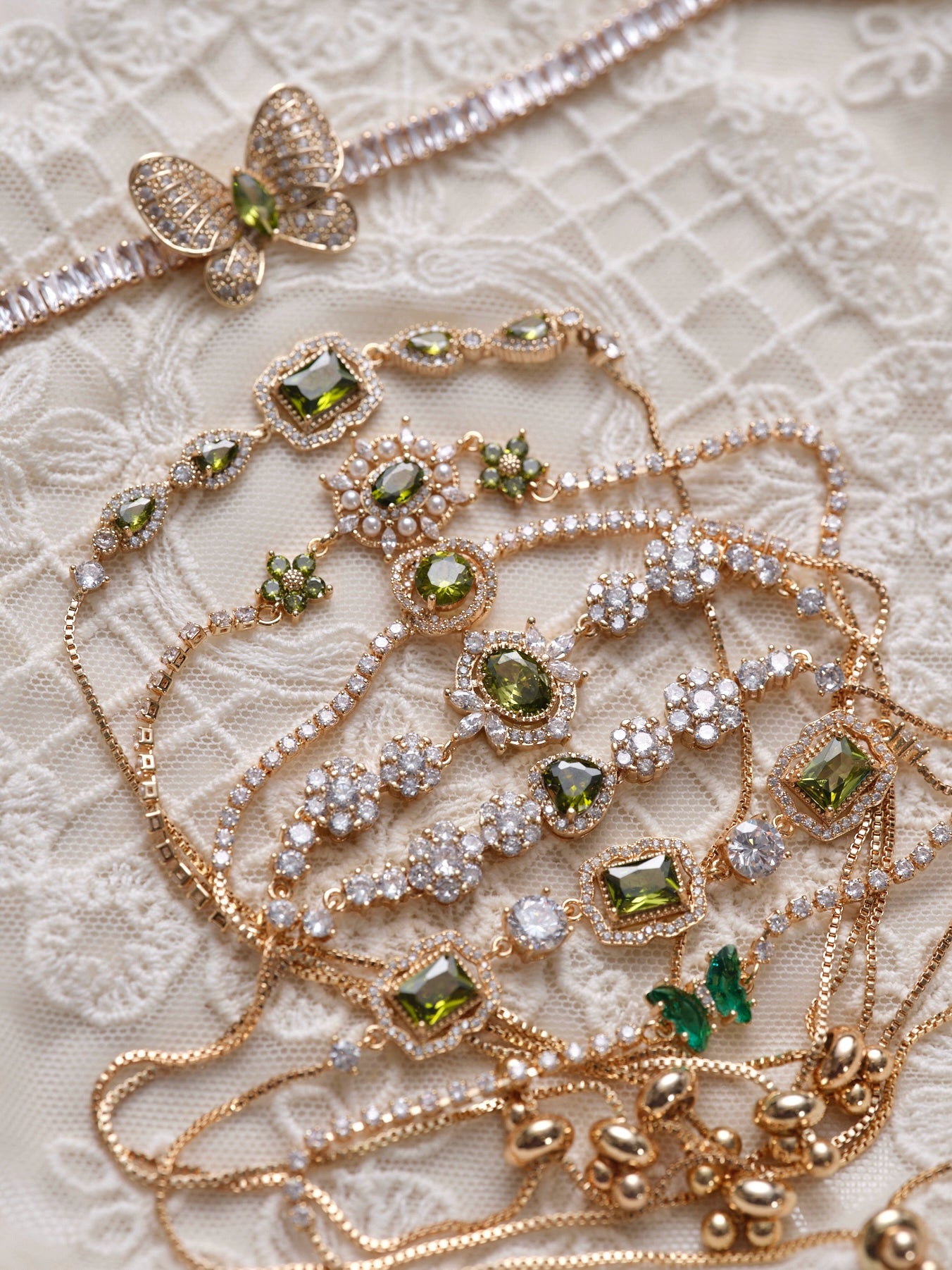 Original Olive Green Zircon Bracelet – Vintage Inspired Dainty Micro-Pave Jewelry, Unique Minimalist Design