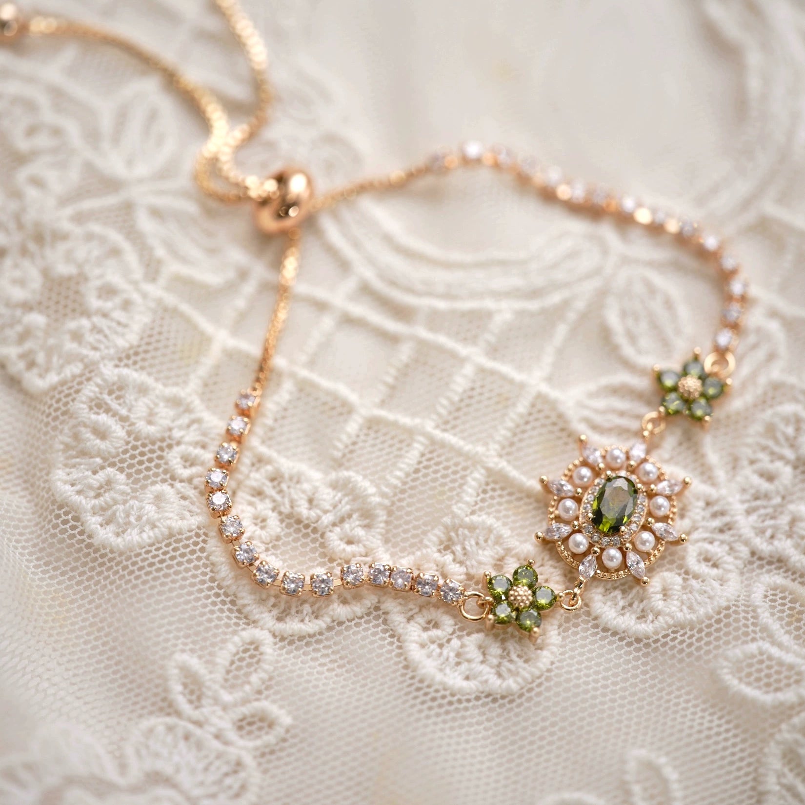 Original Olive Green Zircon Bracelet – Vintage Inspired Dainty Micro-Pave Jewelry, Unique Minimalist Design