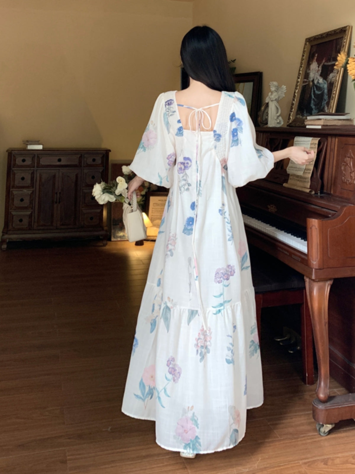 Vintage V-Neck Floral Tea Dress – French Plus Size Maxi for Beach Holidays gunne sax vintage dress