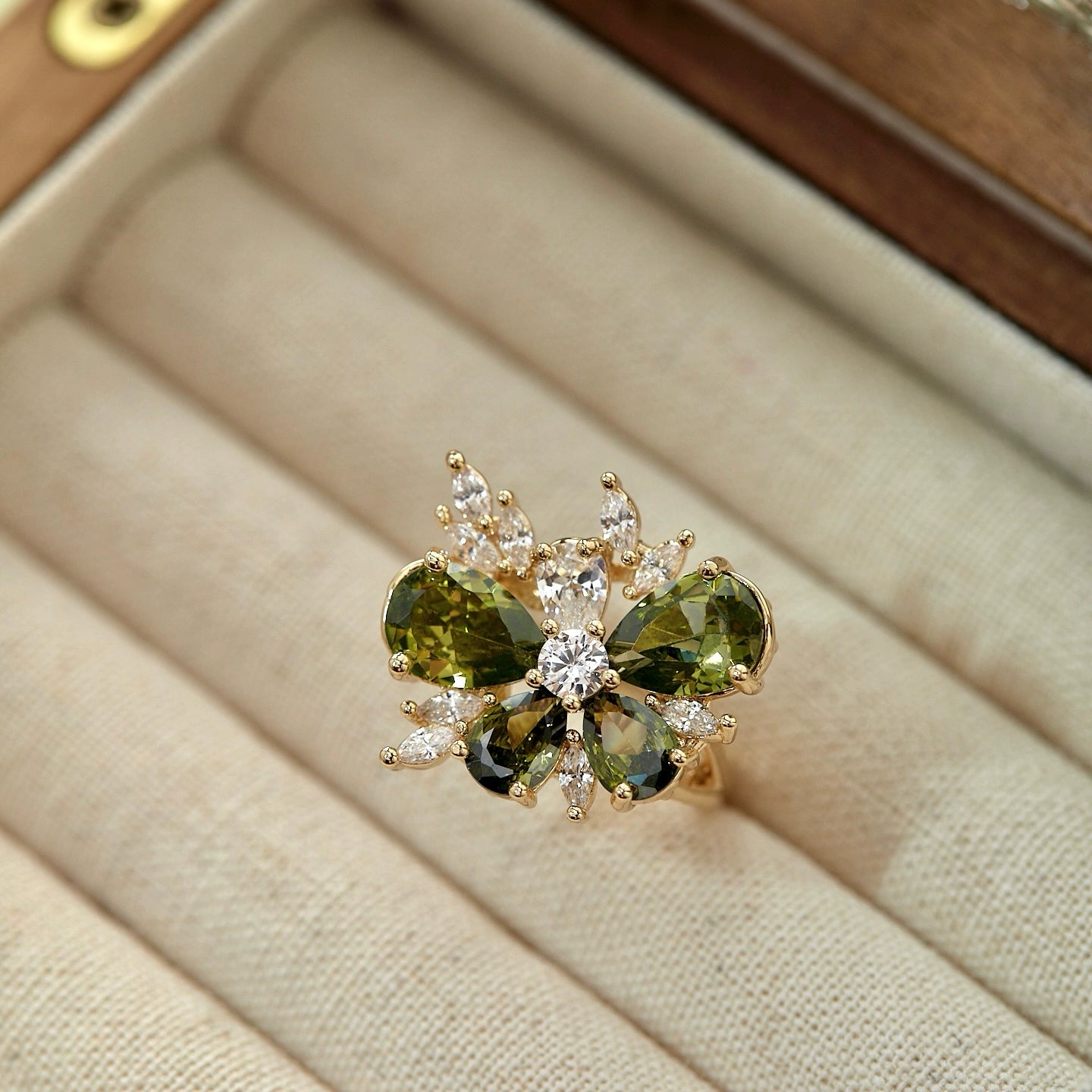 Misty Forest Olive Green Zircon Jewelry Set – Earrings, Ear Cuffs, Bracelet & Necklace, Vintage Forest-Inspired Design