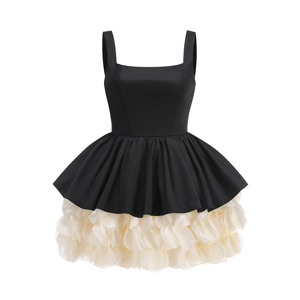 Retro Black & White Puff Sleeve Party Dress – High-End Look