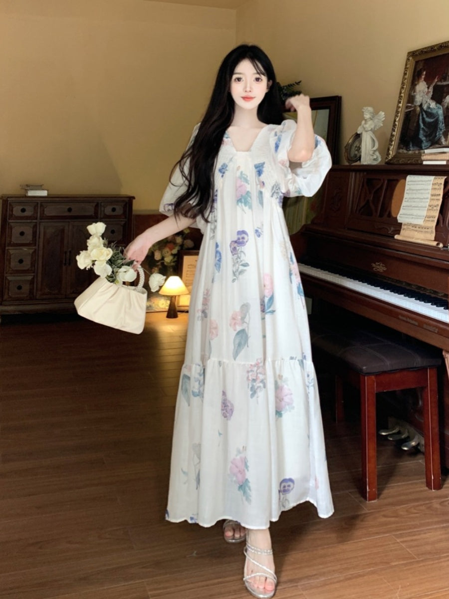 Vintage V-Neck Floral Tea Dress – French Plus Size Maxi for Beach Holidays gunne sax vintage dress