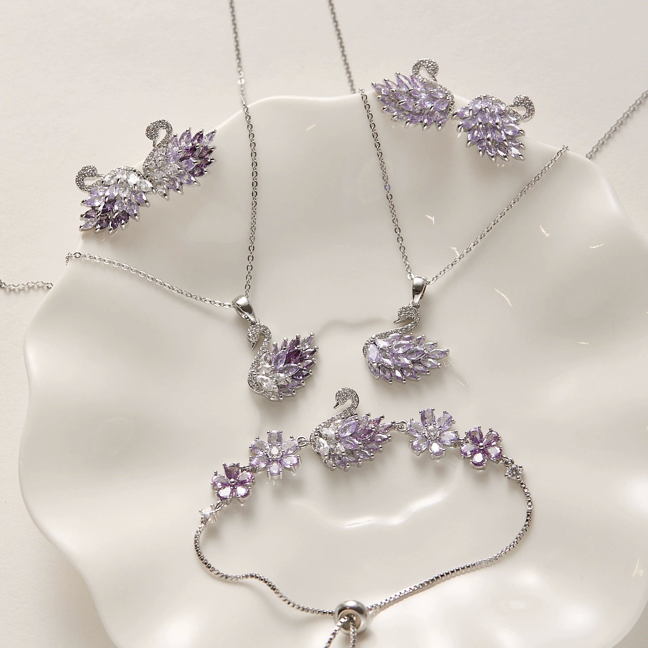 Midsummer Night’s Dream Collection – Vintage Swan Jewelry with Sparkling Purple Zircon (Stud Earrings, Ear Cuff, Necklace, Bracelet)