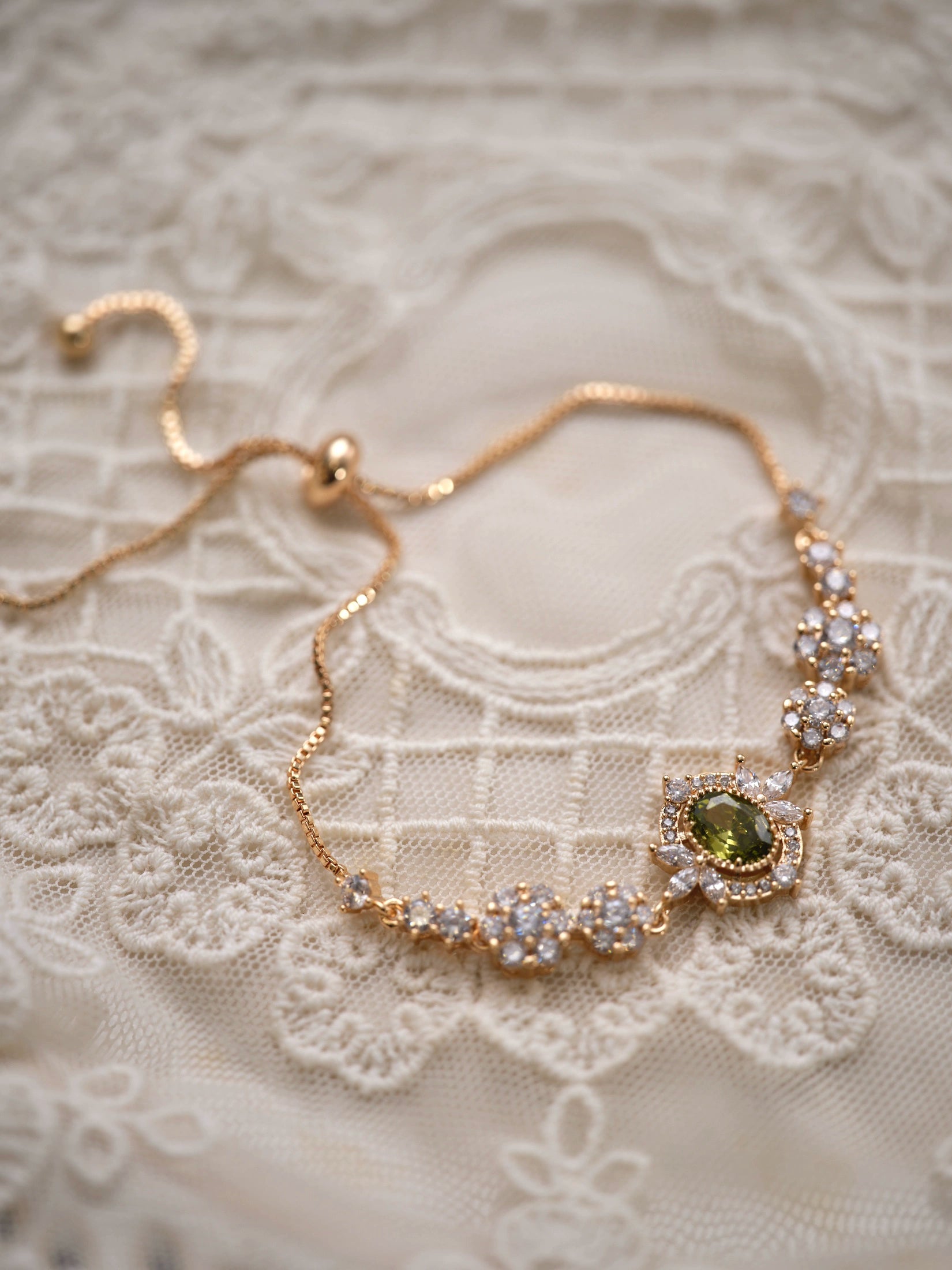 Original Olive Green Zircon Bracelet – Vintage Inspired Dainty Micro-Pave Jewelry, Unique Minimalist Design