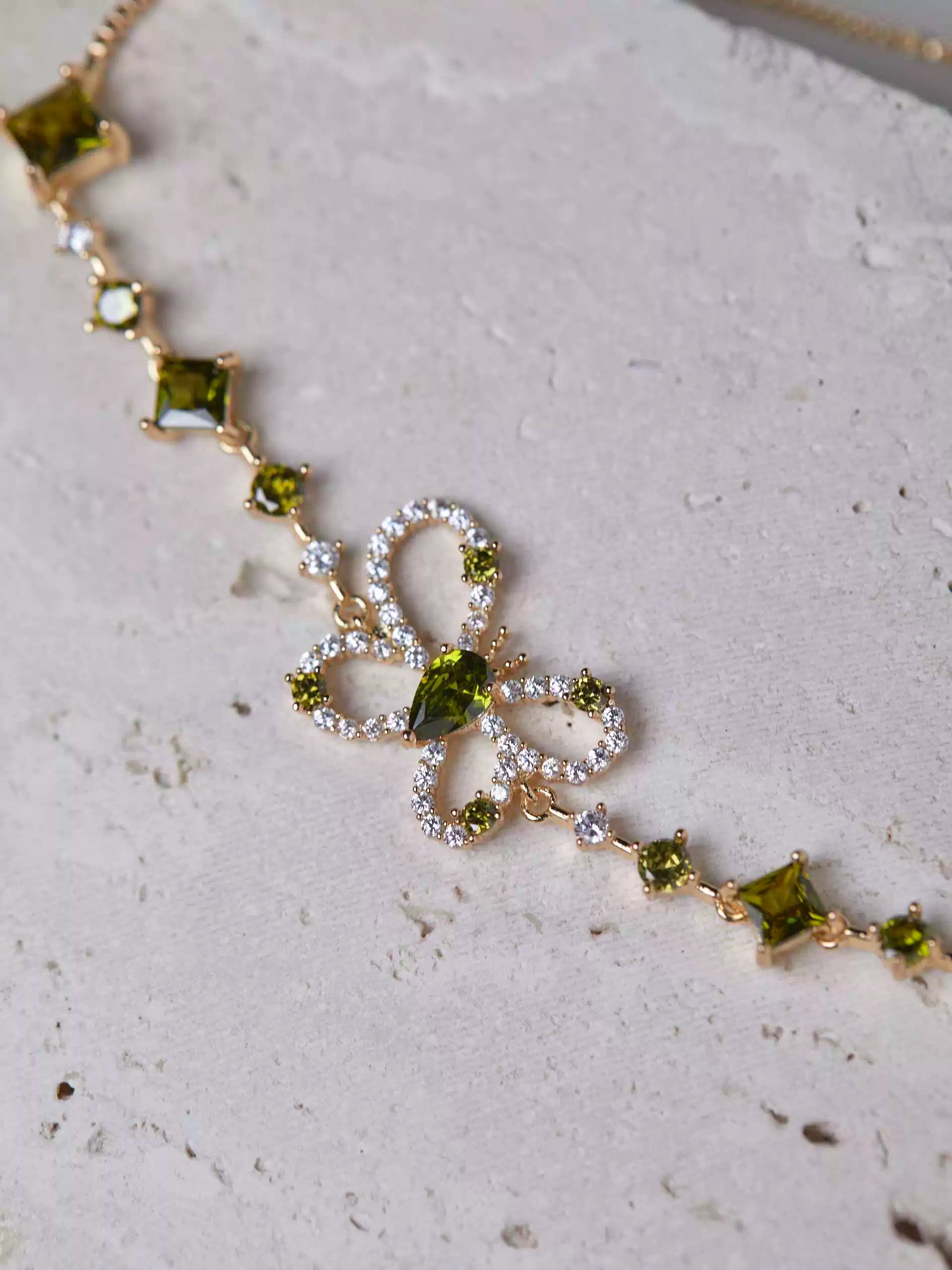 Misty Forest Olive Green Zircon Butterfly Bracelet – Unique Designer Sparkling Jewelry