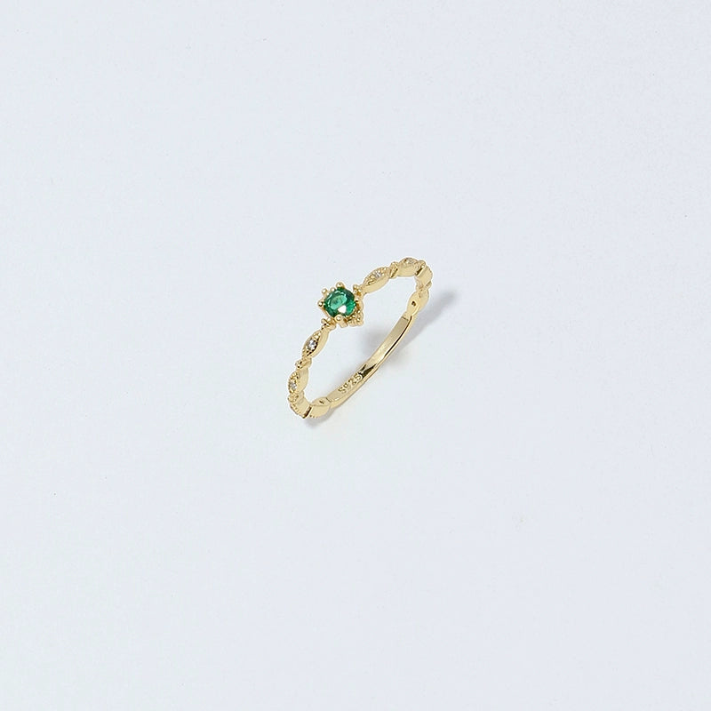 S925 Sterling Silver French Vintage Emerald & Round Diamond Filigree Ring