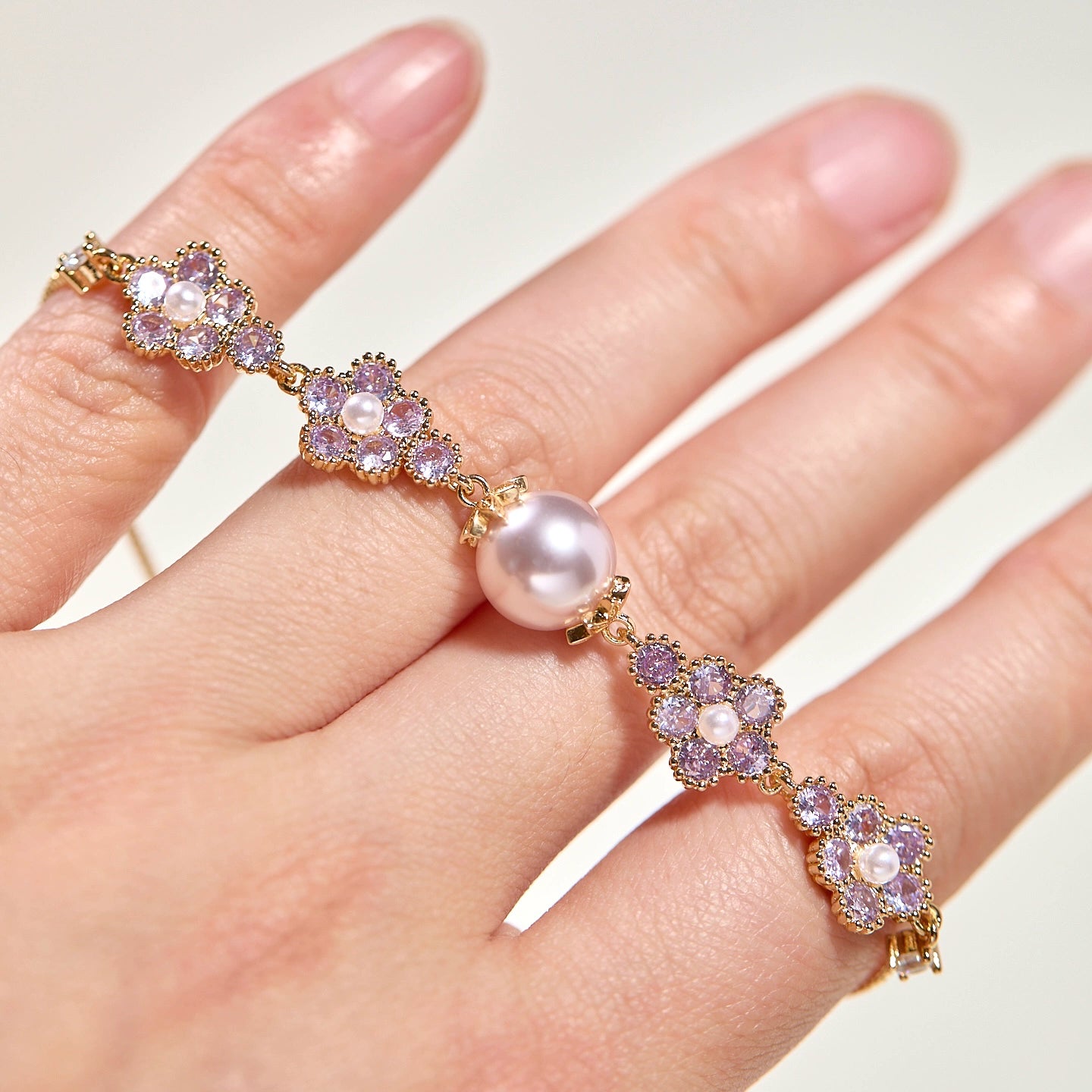 Midsummer Night’s Dream Purple Zircon Butterfly & Pearl Bracelet – Vintage-Inspired Sparkling Dreamy Design