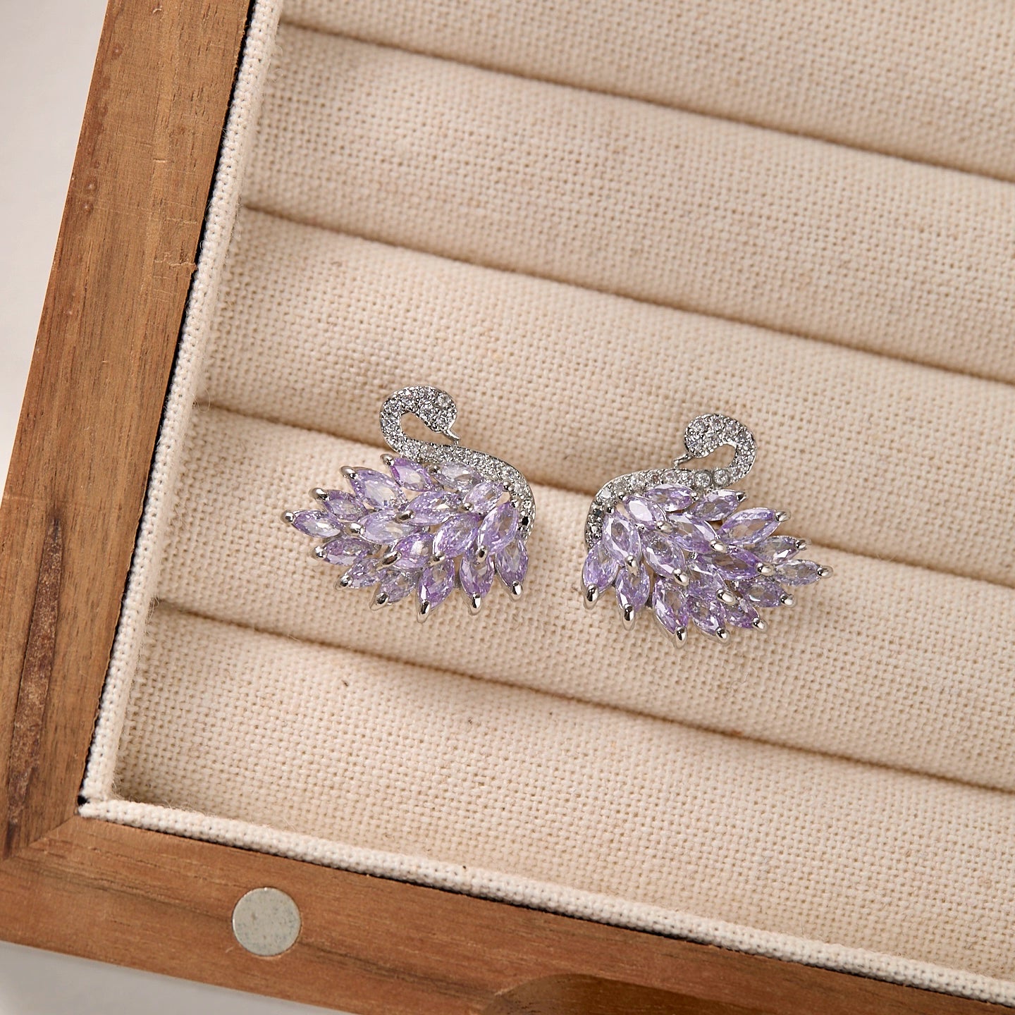 Midsummer Night’s Dream Collection – Vintage Swan Jewelry with Sparkling Purple Zircon (Stud Earrings, Ear Cuff, Necklace, Bracelet)