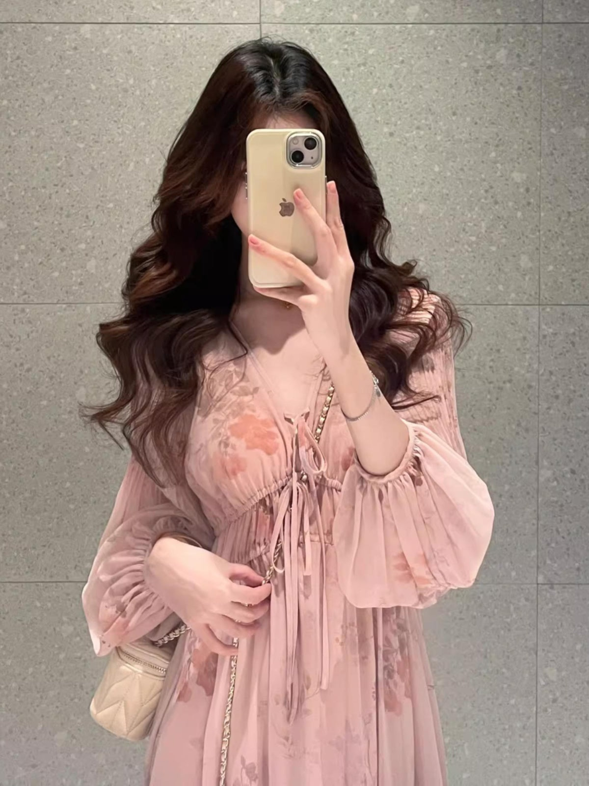 French Pink Floral Long Sleeve Maxi Dress – Elegant V-Neck Plus Size Fairycore Gown gunne sax vintage dress