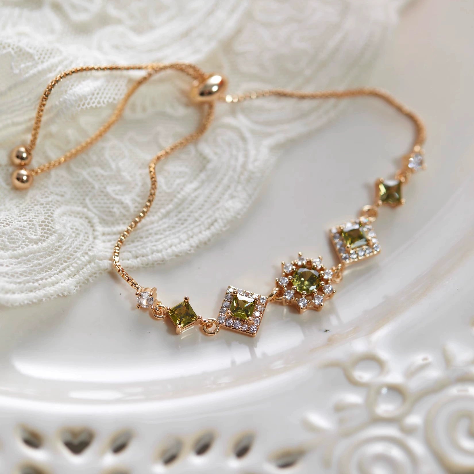 Original Olive Green Zircon Bracelet – Vintage Micro-Pave Dainty Jewelry, Unique Non-Mainstream Design