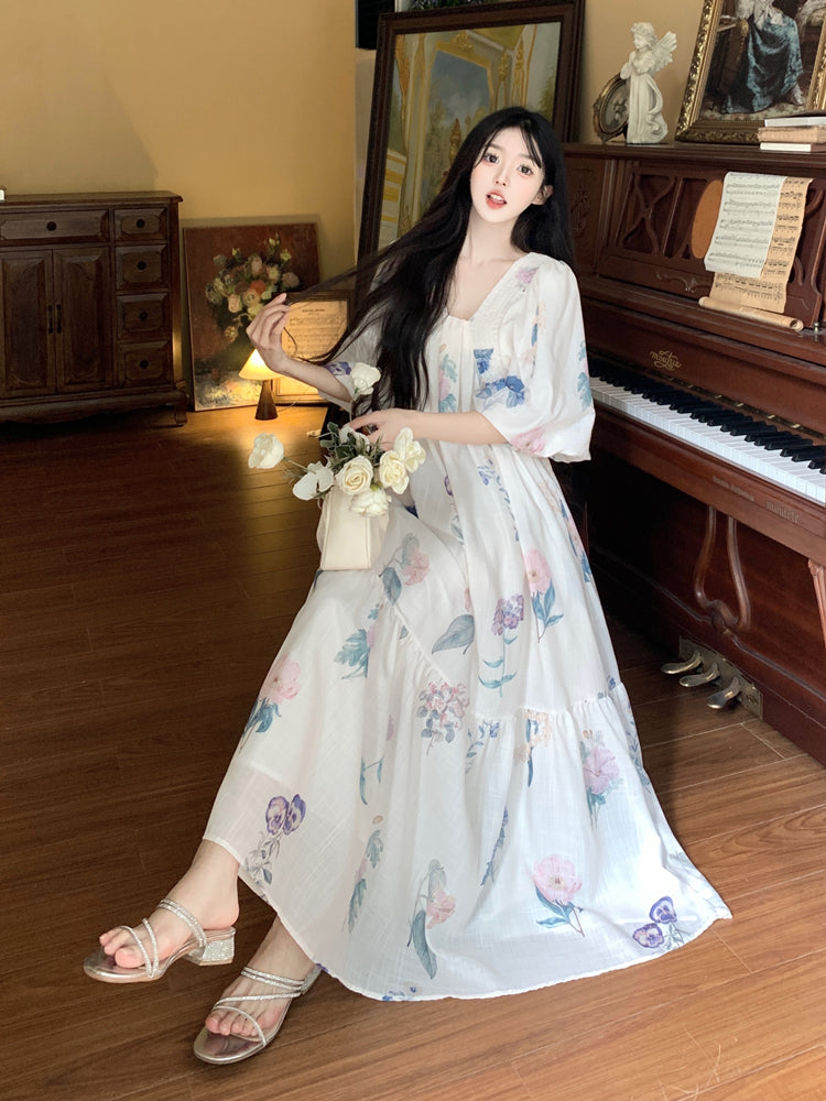 Vintage V-Neck Floral Tea Dress – French Plus Size Maxi for Beach Holidays gunne sax vintage dress
