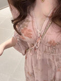 French Pink Floral Long Sleeve Maxi Dress – Elegant V-Neck Plus Size Fairycore Gown gunne sax vintage dress