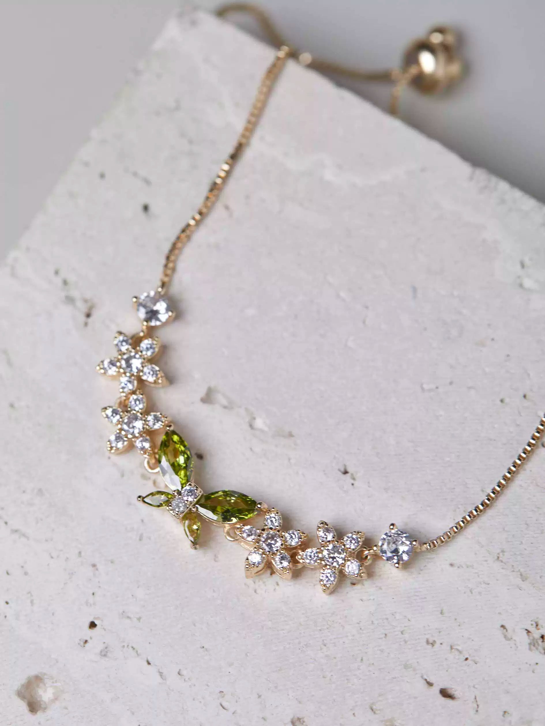 Misty Forest Olive Green Zircon Butterfly Bracelet – Unique Designer Sparkling Jewelry