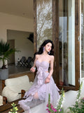 Women's Strapless Purple Tulle Maxi Dress – Summer Beach Vacation Outfit