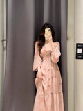 French Pink Floral Long Sleeve Maxi Dress – Elegant V-Neck Plus Size Fairycore Gown gunne sax vintage dress