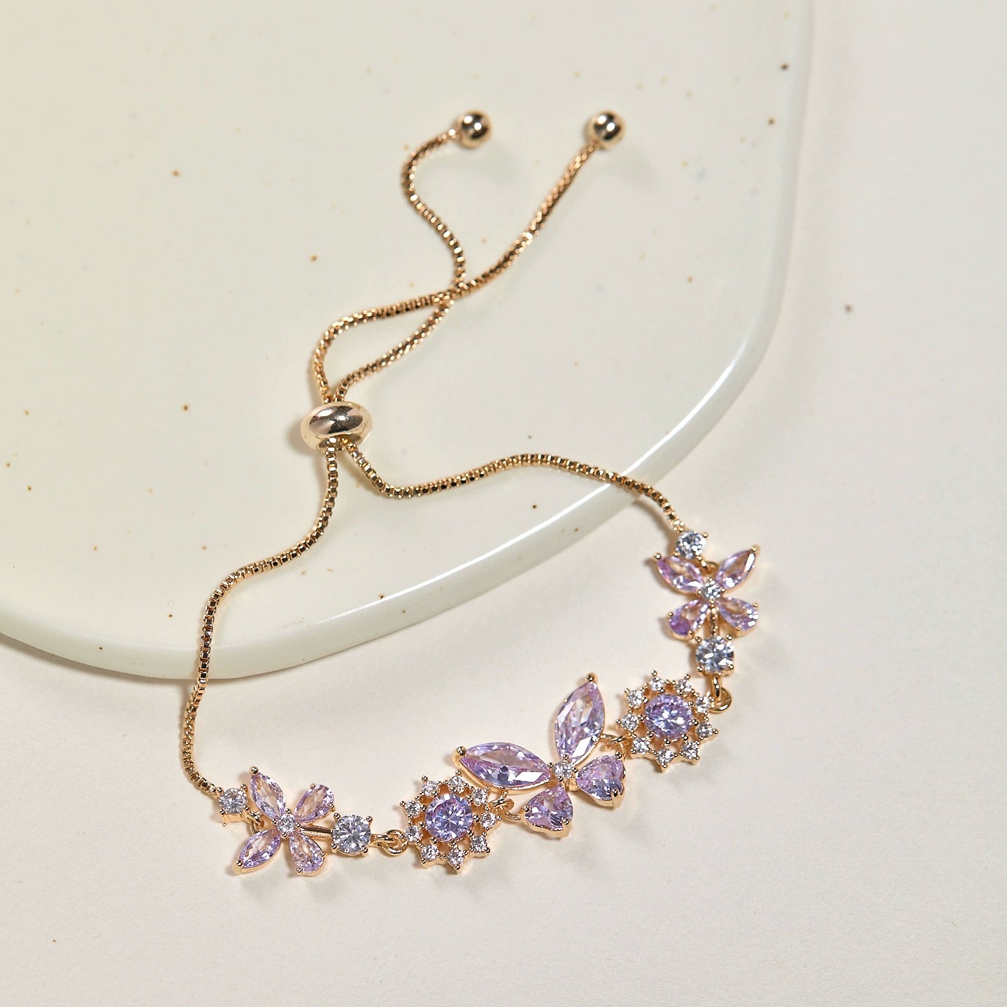 Midsummer Night’s Dream Purple Zircon Butterfly & Pearl Bracelet – Vintage-Inspired Sparkling Dreamy Design