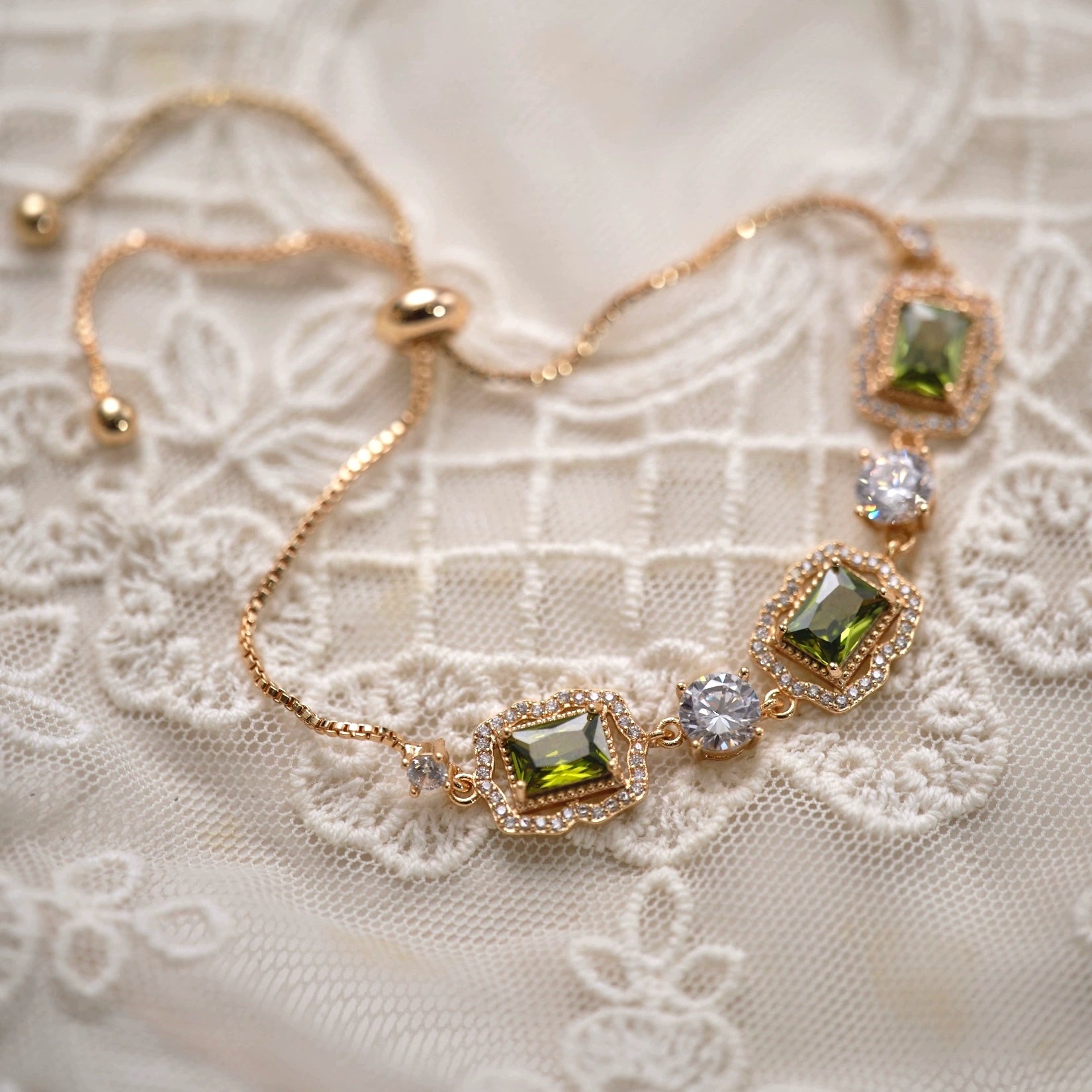 Original Olive Green Zircon Bracelet – Vintage Inspired Dainty Micro-Pave Jewelry, Unique Minimalist Design