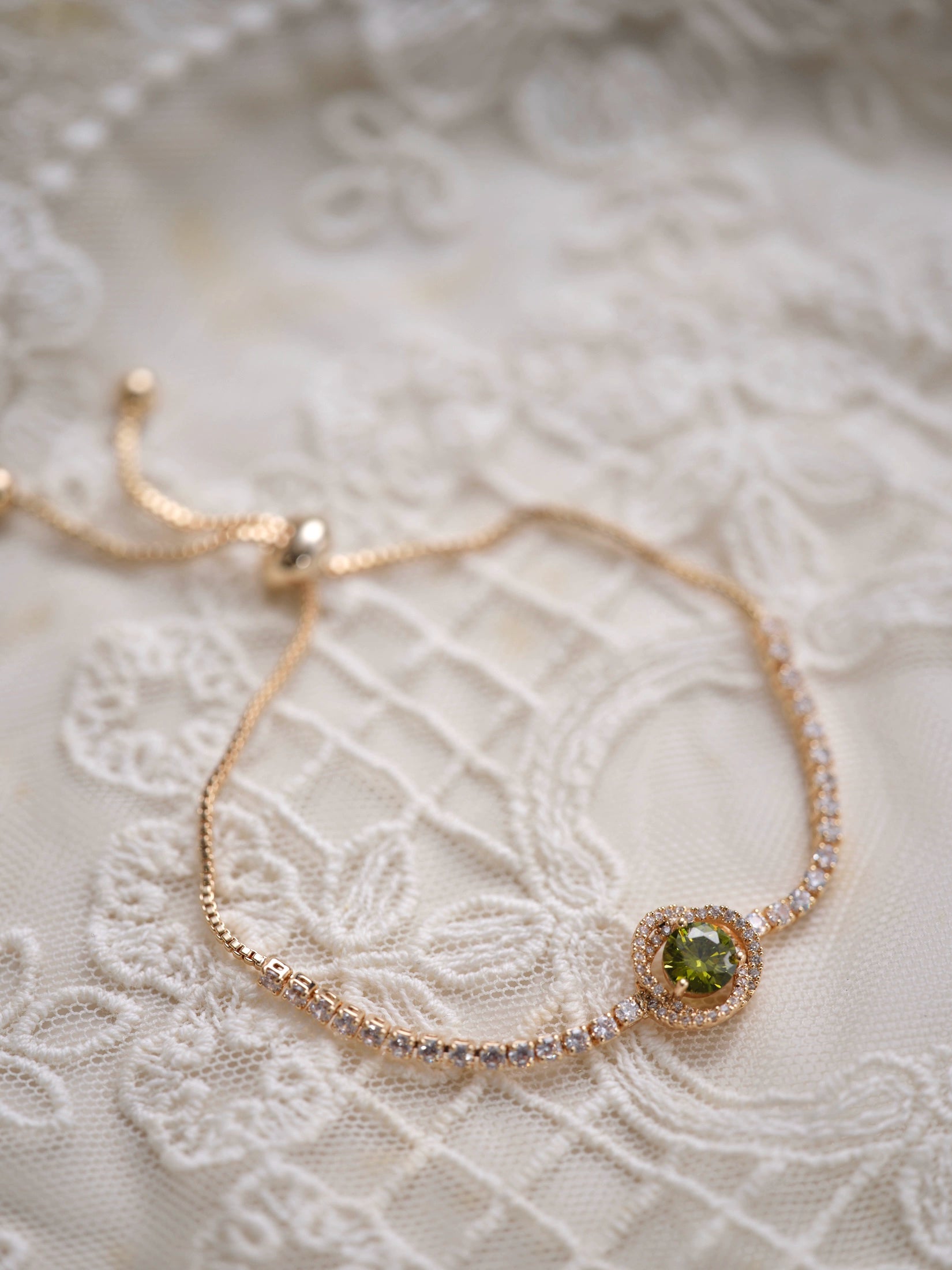 Original Olive Green Zircon Bracelet – Vintage Inspired Dainty Micro-Pave Jewelry, Unique Minimalist Design