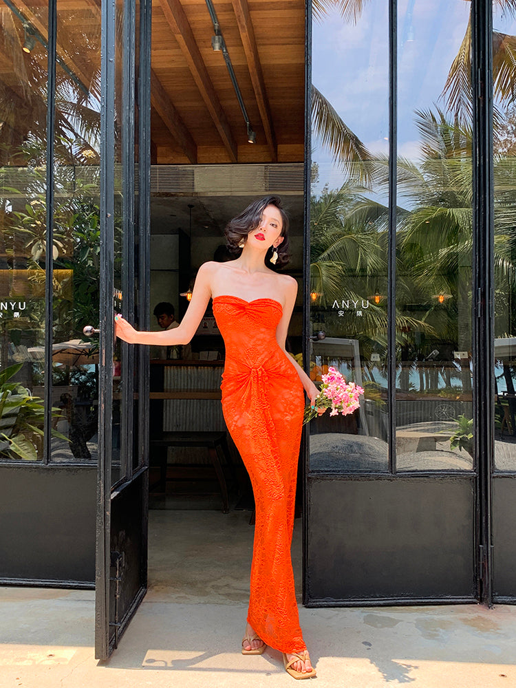 Orange Lace Ruched Strapless Maxi Dress