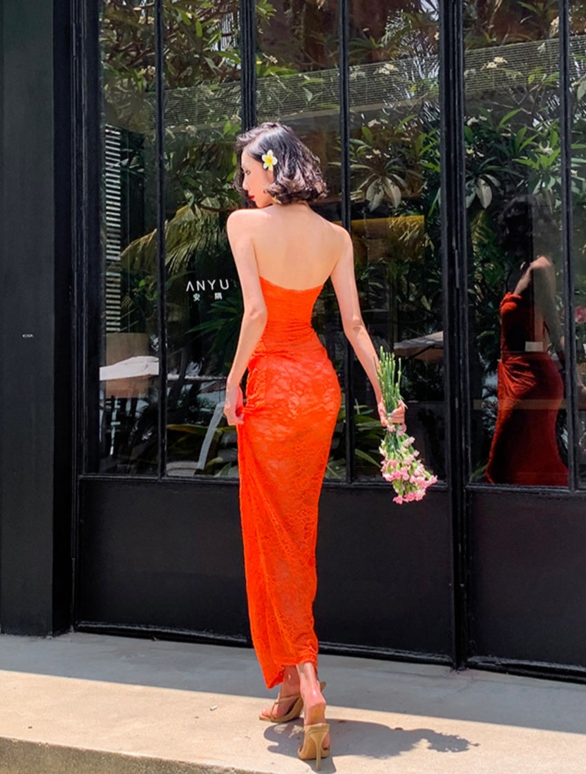 Orange Lace Ruched Strapless Maxi Dress