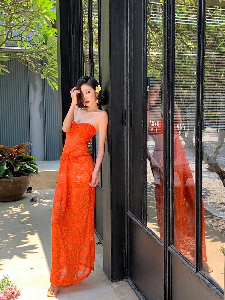 Orange Lace Ruched Strapless Maxi Dress