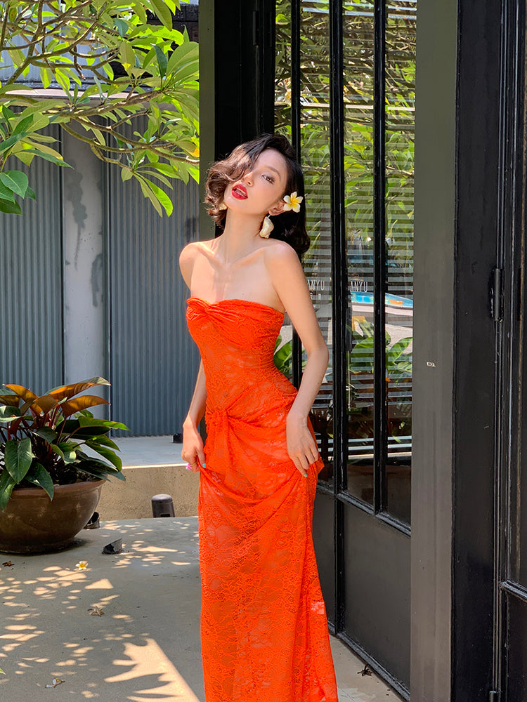 Orange Lace Ruched Strapless Maxi Dress