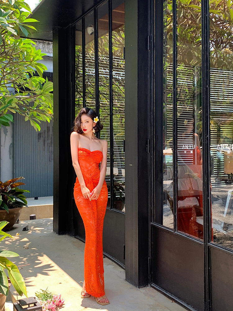 Orange Lace Ruched Strapless Maxi Dress