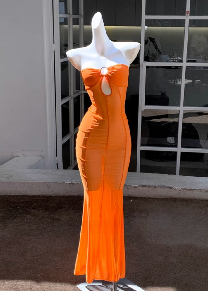 Orange Sheer Mesh Mermaid Corset Dress