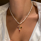 Natural Pearl Colorful Cross Pendant Necklace 22K Gold Plated