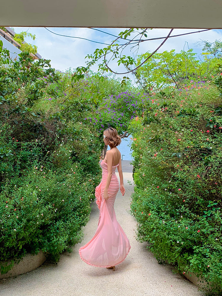 Pink Sheer Ruffled Mesh Dress