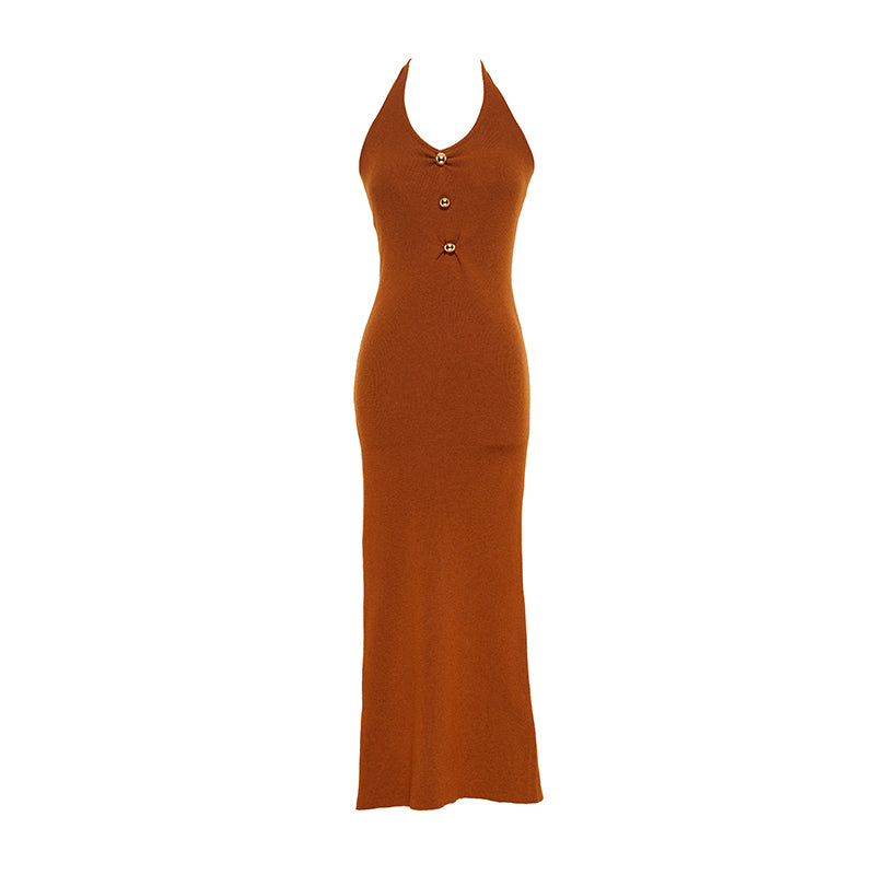 Pumpkin Ruched Halter Dress